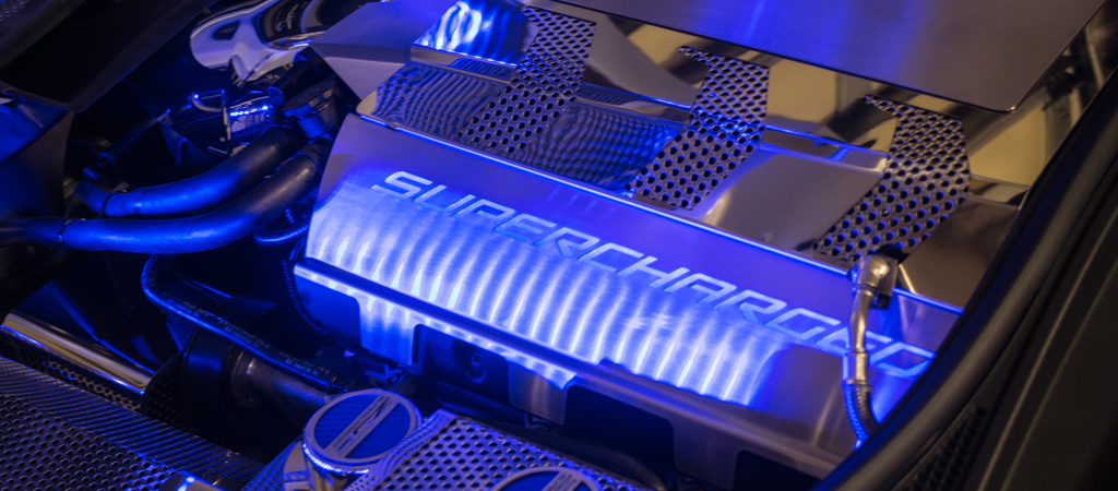 2014-2019 Chevrolet Corvette Z06, Fuel Rail Covers Illuminated, American Car Craft Blue  Supercharged Style Illum.