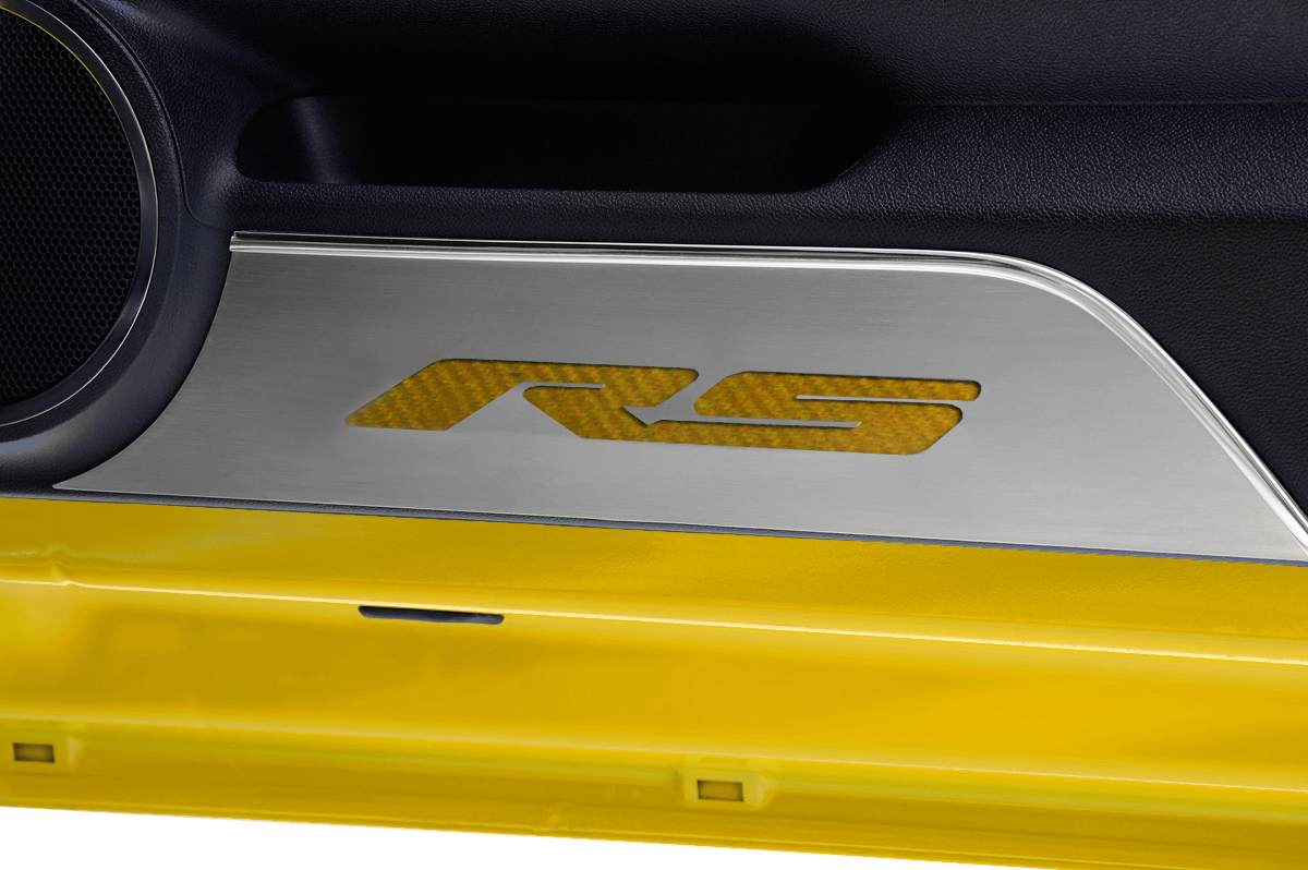 2010-2015 Camaro Door Panel Kick Plates "RS Style" Satin 2pc, With Purple Carbon Fiber vinyl  color
