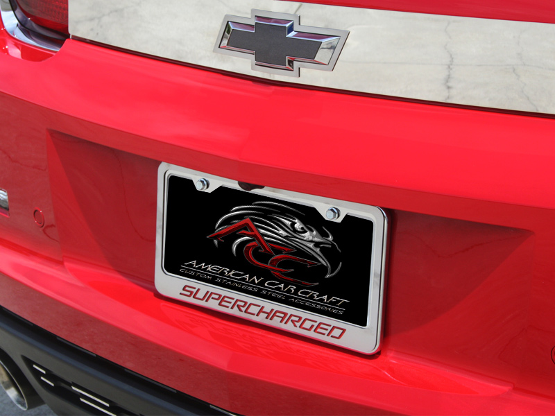 Camaro License Frame Chrome/Satin "Supercharged" Style Black CF, ; 102070-BLK - Black Carbon Fiber