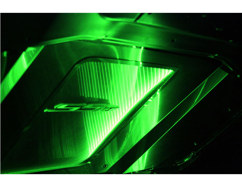 2010-2015 Camaro with Strut Bar Hood Panel Supercharged Polished Illum. Green LED, ; 103048-P-GRN - Polished finish, Illumina