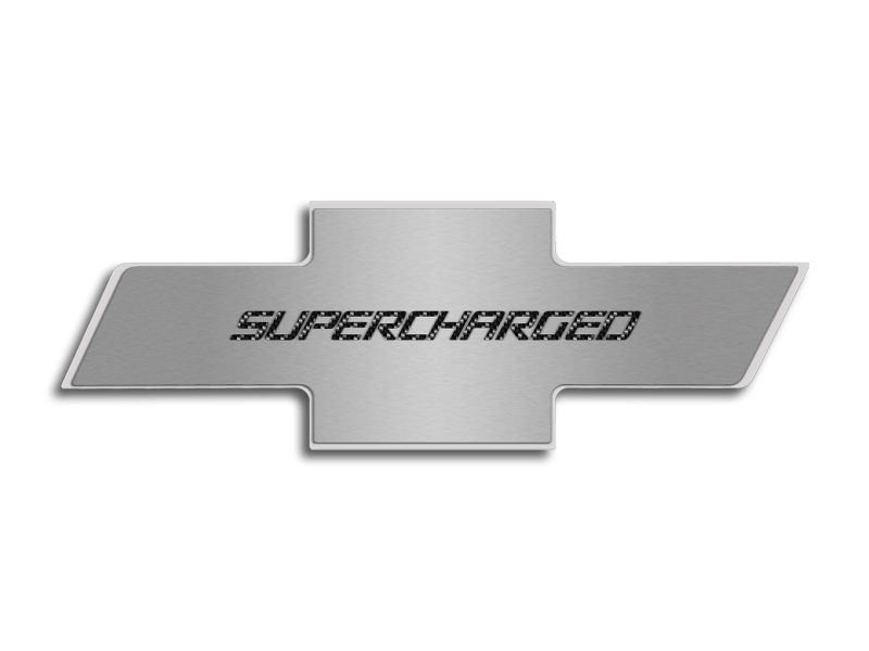 2010-2015 Camaro Hood Badge "Supercharged" Stainless Emblem fits factory hood pad, ; Black Carbon Fiber vinyl color