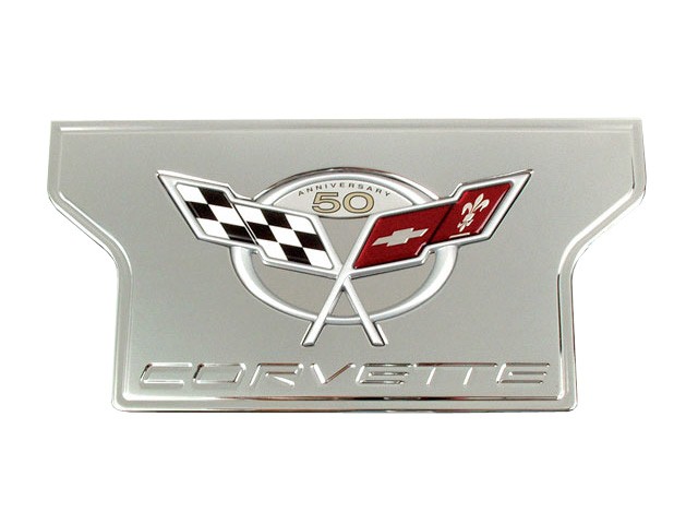 C5 Corvette Rear Exhaust Dress Up Plate, Chrome Billet w/C5 GM OEM 50TH ANNIVERSARY Emblem