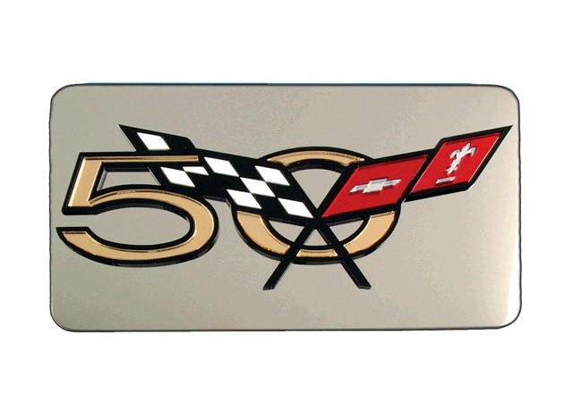 C5 Corvette Rear Exhaust Dress Up Plate, Polished Stainless Steel, 50TH LOGO, Small