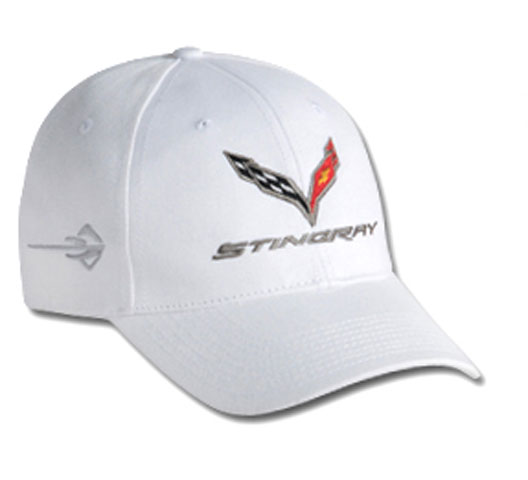 C6 Corvette Washed Twill Hat, White with C7 Emblem and Stingray Logo on Side