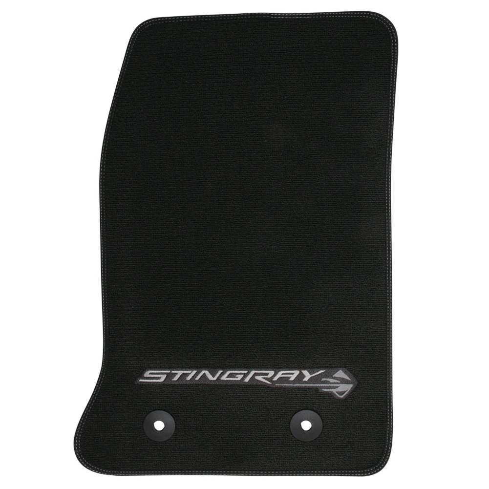 2014 C7 Corvette GM Floor Mats Black w/Stingray Logo and Gray Border Stitching