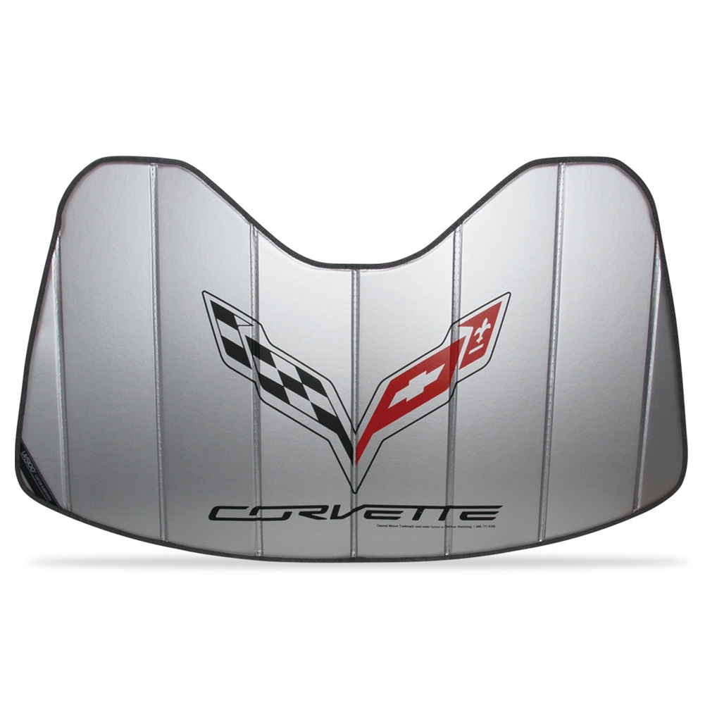 C7 Corvette Logo Accordion Style Sunshade, Insulated Silver, fits Stingray, Z51, Z06, Grand Sport