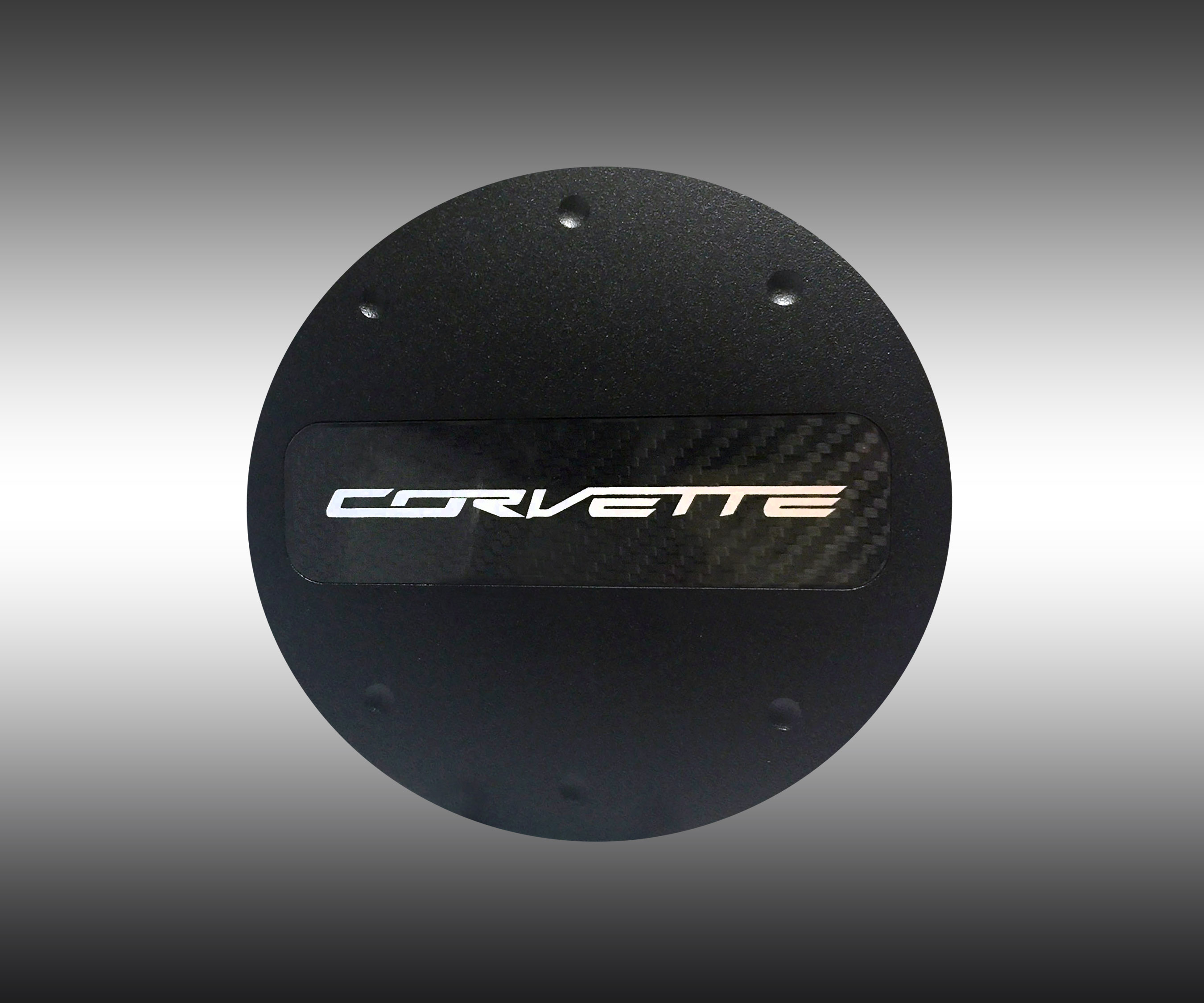 C7 Corvette Locking Fuel Door, Matte Black, Silver "Corvette" Logo on Carbon Fiber