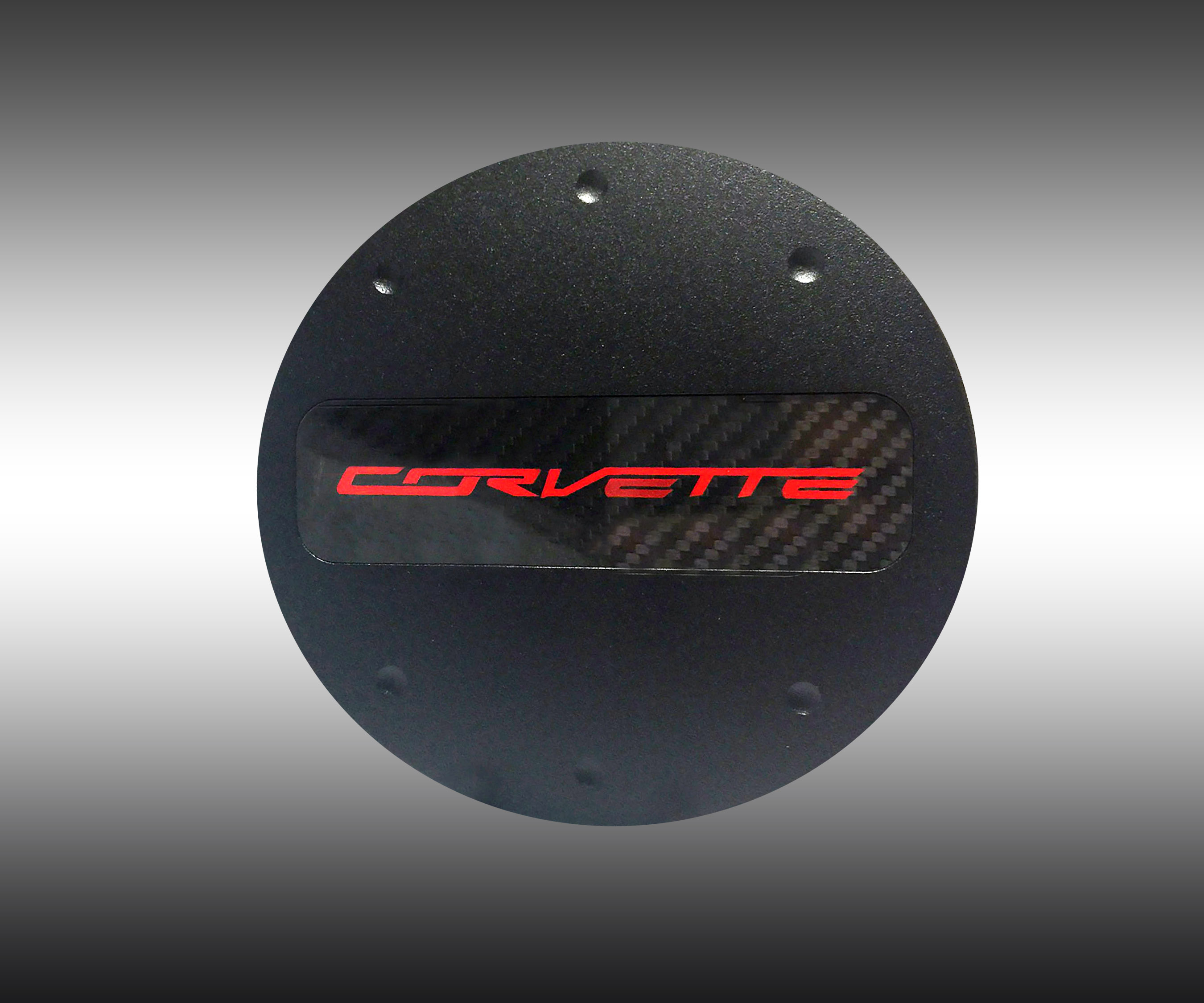 C7 Corvette Locking Fuel Door, Matte Black, Red "Corvette" Logo on Carbon Fiber