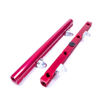 Corvette GM LS1/LS6 Fuel Rail, 8AN Female O-Ring Inlets, 8AN Female O-Ring Outlets, Aluminum, Red Anodize, Brackets Included