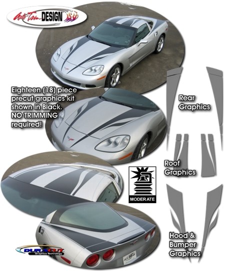 C6 Base, Z06, Grand Sport Corvette Body Graphic Stripe Kit Style 1, One Color