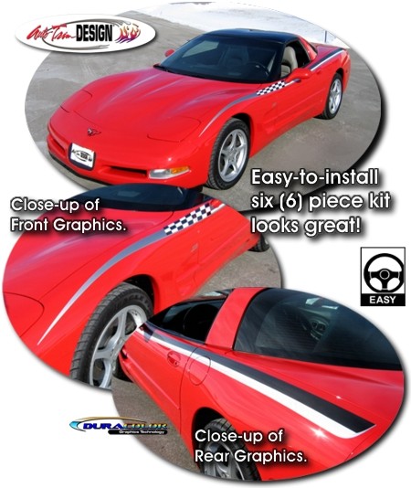 C5 Corvette Body Side Race Stripe Graphic Kit, Style 1, Charcoal/Silve & Red/White