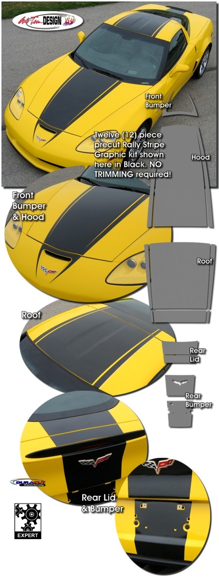 C6 Base, Z06, Grand Sport Corvette Body & Hood Rally Stripe Kit Style 3, One Color