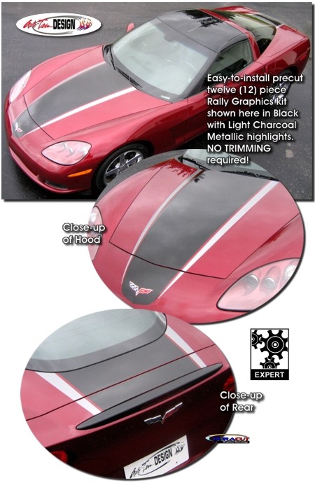 C6 Base, Z06, Grand Sport Corvette Body & Hood Rally Stripe Kit Style 1, Two Color