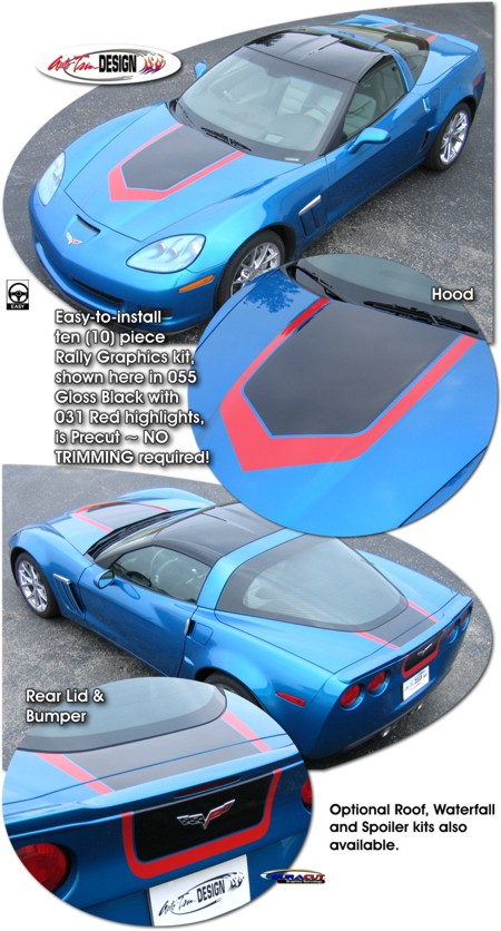 C6 Base, Z06, Grand Sport Corvette Body & Hood Rally Stripe Kit Style 2, Two Color