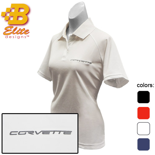 C6 Corvette Script Embroidered Ladies Performance Polo Shirt Ceramic Blue- Large -BDC6EPL118