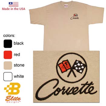 C2 Corvette Emblem Embroidered on American Made Tee Shirt Black- Small -BEC2ET8001