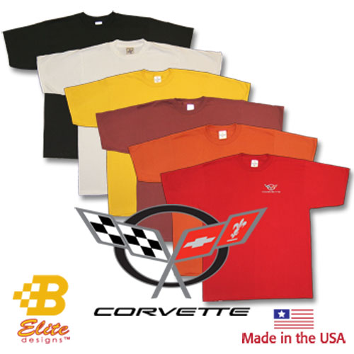 C5 Corvette Emblem Embroidered on American Made Tee Shirt Sand- Large -BEC5ET8001