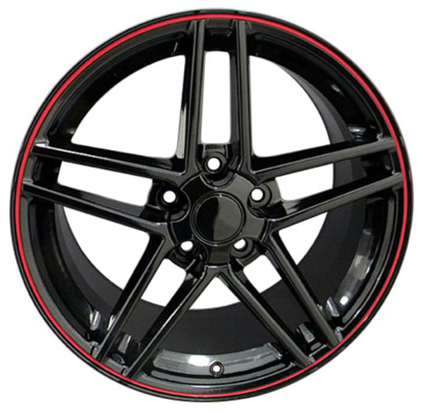 C6 Corvette Z06 Style Wheels 18x9.5 Black w/ Red Stripe Fitment for C5/C6 Corvette, Pair with Black Lugs