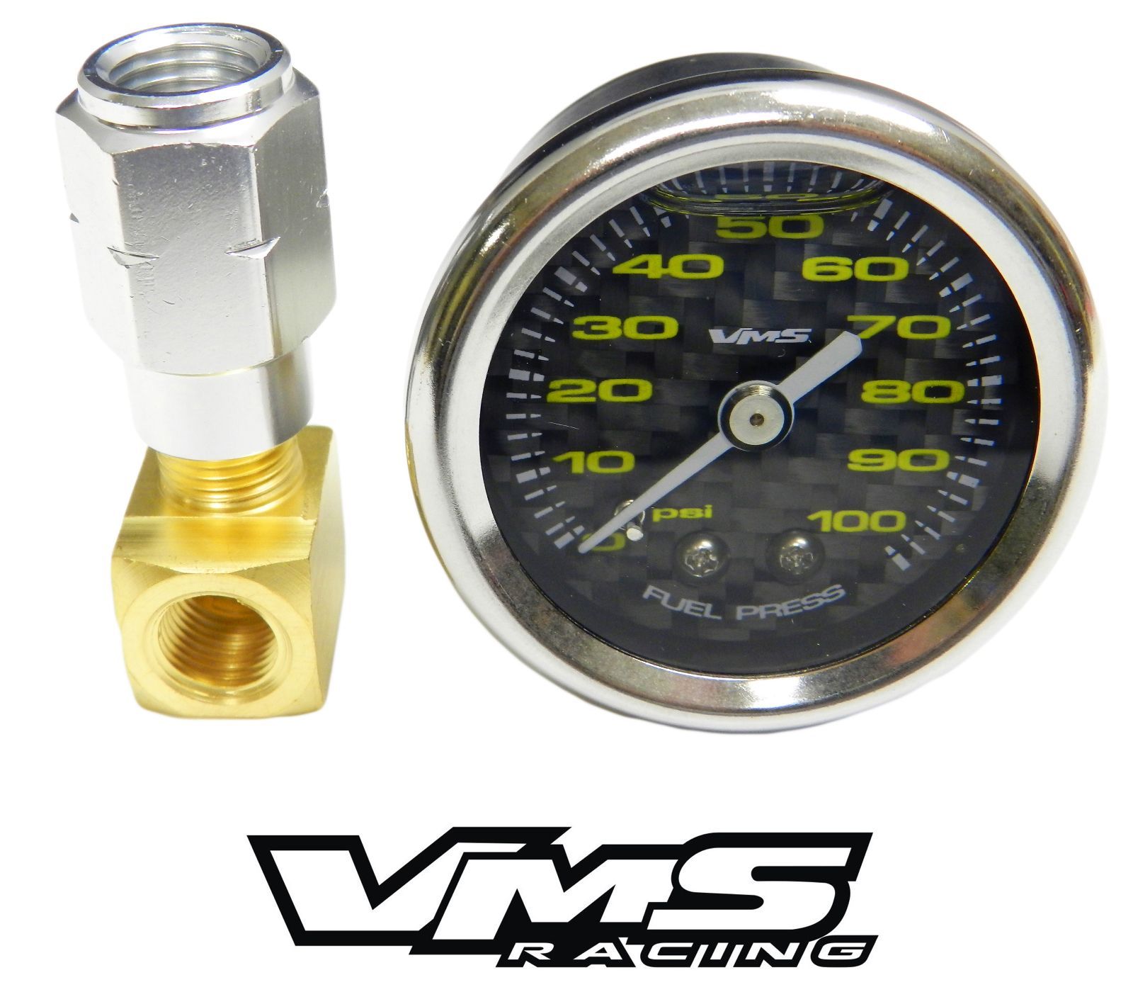 VMS Camaro Corvette 1 1/2" 100 psi Carbon Fiber Face Fuel Pressure Gauge Liquid Filled Adpater and Gauge