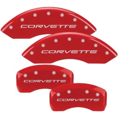C5 Corvette 1997-2004 Brake Caliper Covers, Corvette Logo, Aluminum, Red Finish, Silver Corvette, Set of 4