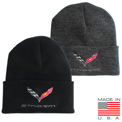 C7 Corvette C7 STINGRAY Knit PULLOVER BEANIE with Cuff, in Black or Charcoal