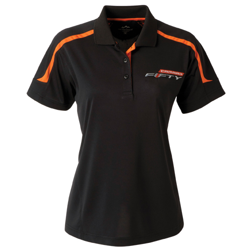 6th Gen Camaro Fifty 50th Anniversary Ladies Titan Polo Shirt, Black w/ Orange Accents