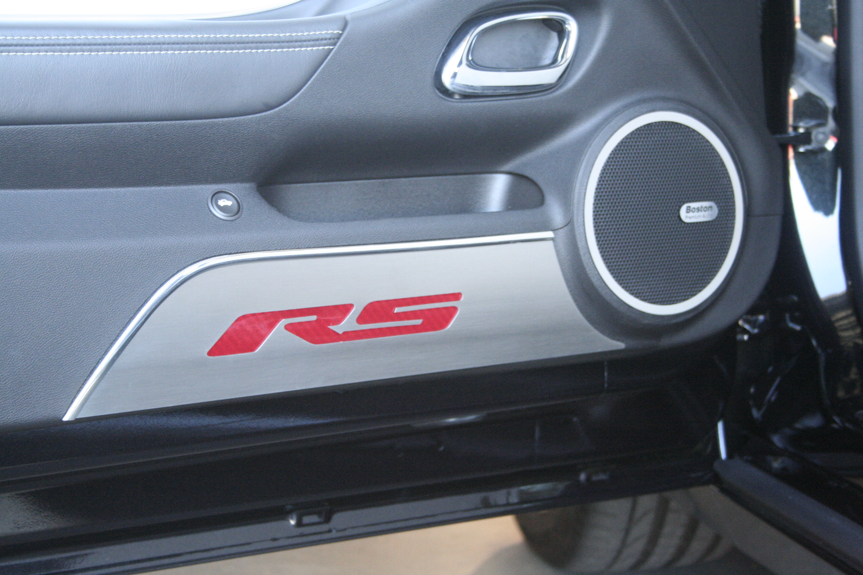 Camaro All Models 10-13 Door Panel Kick Plates "RS Style" Brushed 2pc Colors (Y,R,BL,BK)