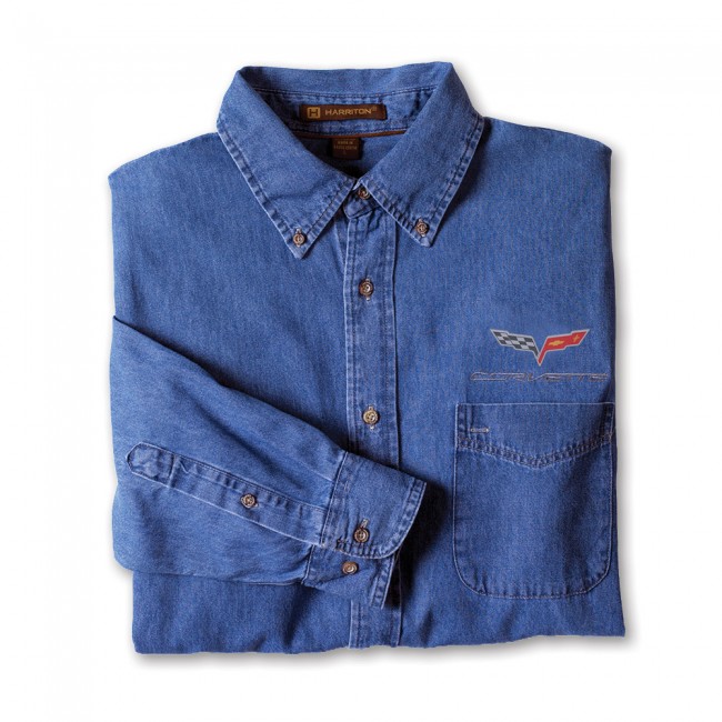 C6 Corvette, Mens C6 Flag Logo Denim Shirt - Light Denim